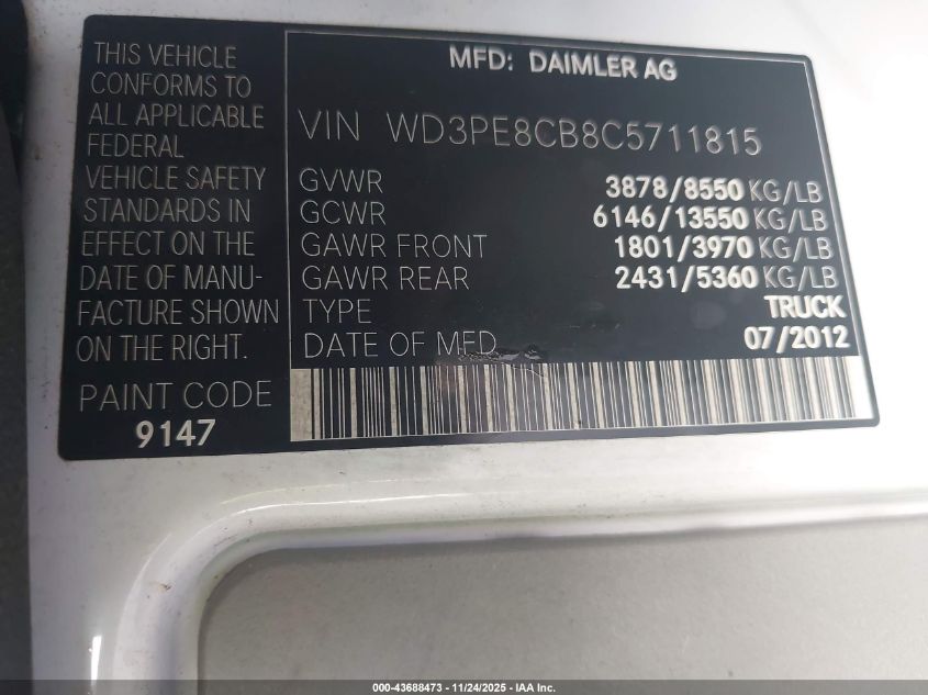 2012 Mercedes-Benz Sprinter 2500 High Roof VIN: WD3PE8CB8C5711815 Lot: 43688473