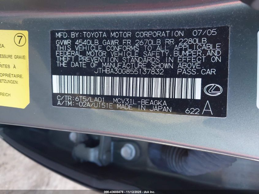 2005 Lexus Es 330 VIN: JTHBA30G855137832 Lot: 43688478