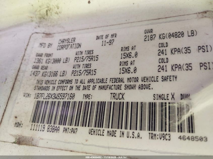 1998 Dodge Dakota Slt/Sport VIN: 1B7FL26X3WS597160 Lot: 43688492