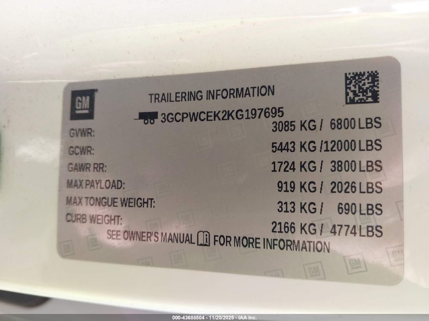 2019 Chevrolet Silverado 1500 Lt VIN: 3GCPWCEK6KG115659 Lot: 43688504