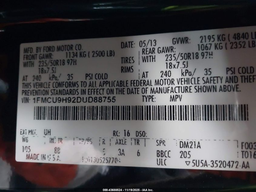 2013 Ford Escape Sel VIN: 1FMCU9H92DUD88755 Lot: 43688524