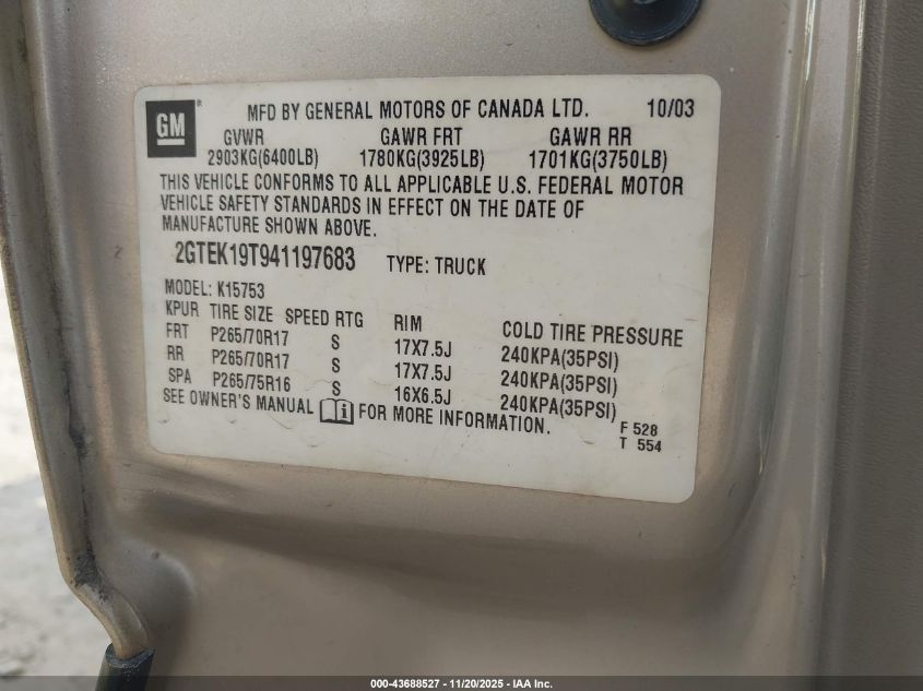 2004 GMC Sierra 1500 Sle VIN: 2GTEK19T941197683 Lot: 43688527