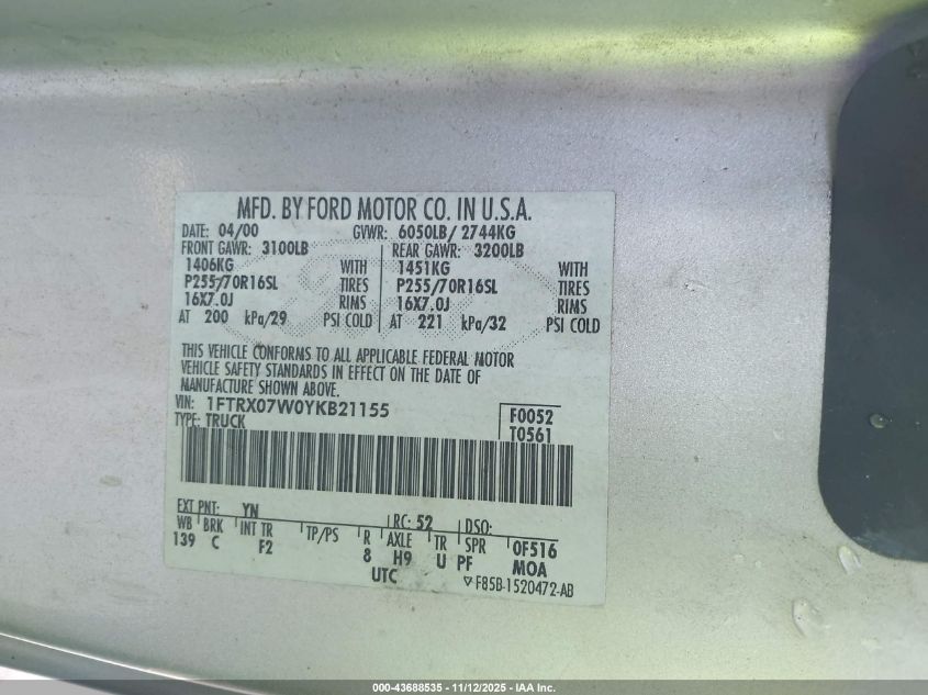 2000 Ford F-150 Lariat/Xl/Xlt VIN: 1FTRX07W0YKB21155 Lot: 43688535