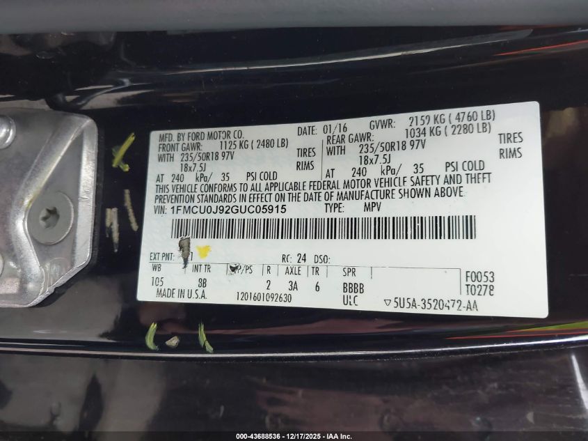 2016 Ford Escape Titanium VIN: 1FMCU0J92GUC05915 Lot: 43688536