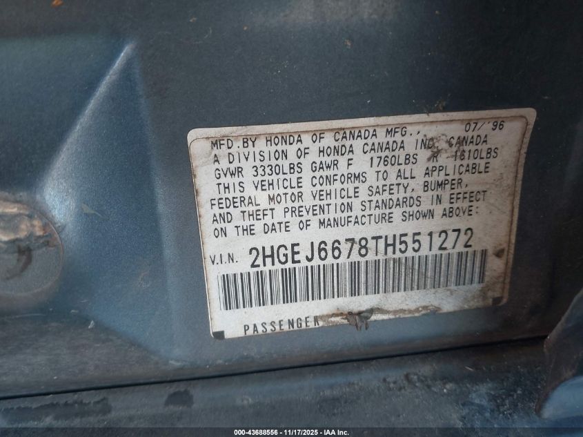 1996 Honda Civic Lx VIN: 2HGEJ6678TH551272 Lot: 43688556