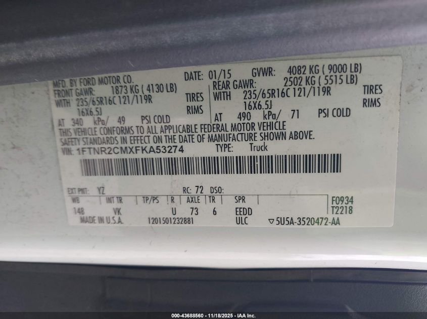 2015 Ford Transit-250 VIN: 1FTNR2CMXFKA53274 Lot: 43688560