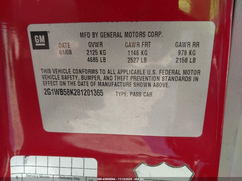 2008 Chevrolet Impala Ls VIN: 2G1WB58K281201365 Lot: 43688564