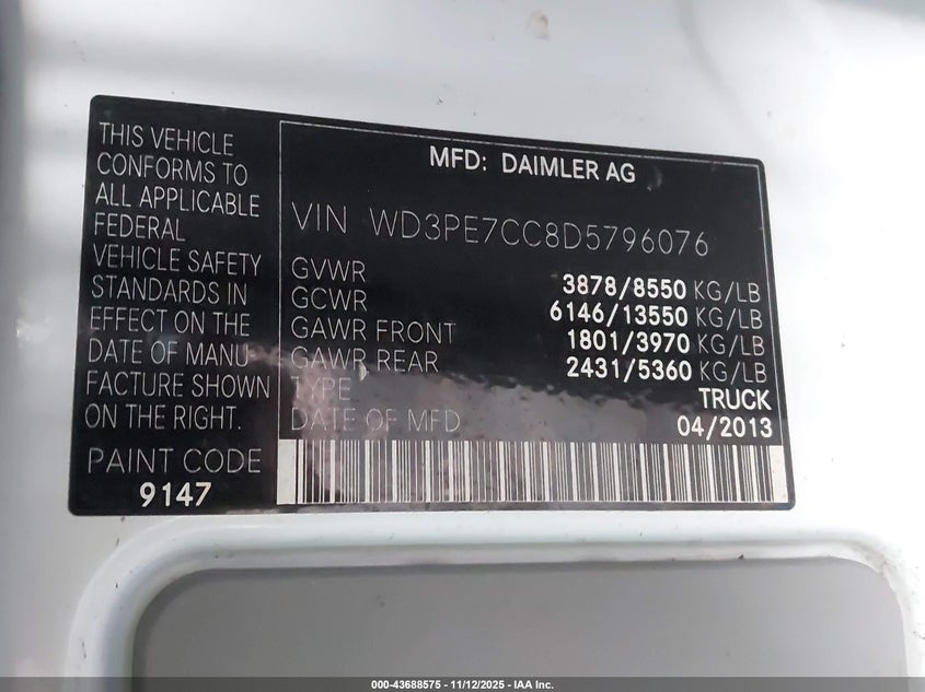 2013 MERCEDES-BENZ SPRINTER 2500 NORMAL ROOF WD3PE7CC8D5796076