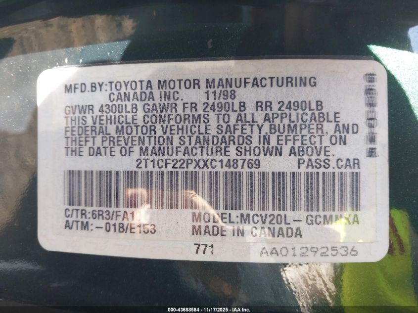 1999 Toyota Camry Solara Se V6 VIN: 2T1CF22PXXC148769 Lot: 43688584