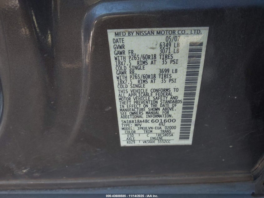 5N1BR18A48C601600 2008 NISSAN PATHFINDER photo no. 9