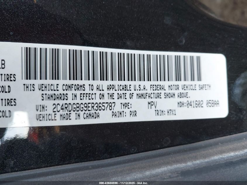 2014 Dodge Grand Caravan Se VIN: 2C4RDGBG9ER365787 Lot: 43688596