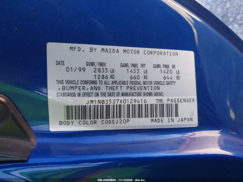 1999 Mazda Mx-5 Miata Leather Pkg/Popular Equipment Pkg/Sports Pkg/Touring Pkg VIN: JM1NB3537X0129416 Lot: 43688608