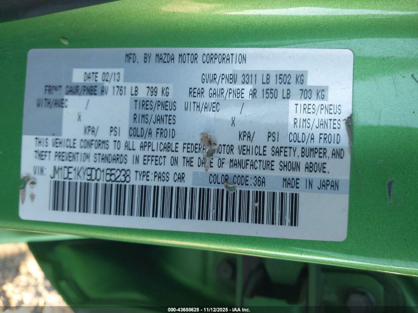 2013 Mazda Mazda2 Sport VIN: JM1DE1KY9D0165238 Lot: 43688628