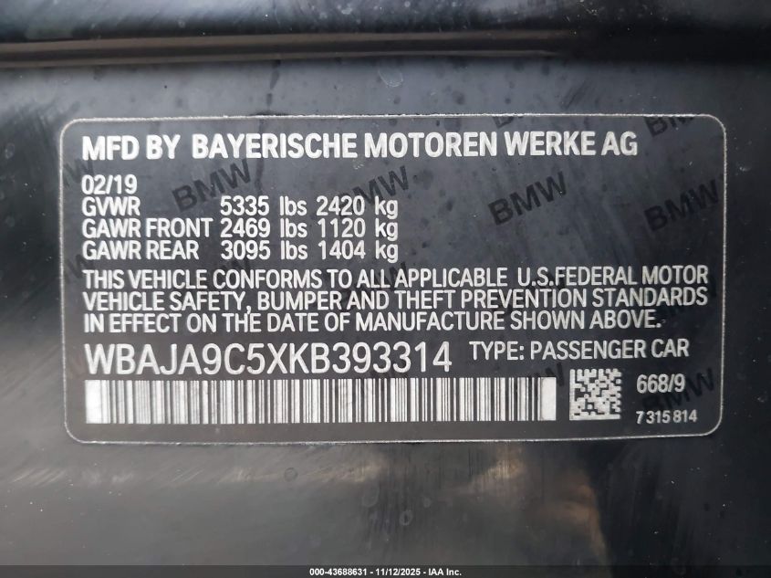 2019 BMW 530E Iperformance VIN: WBAJA9C5XKB393314 Lot: 43688631