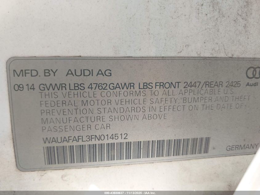 2015 Audi A4 2.0T Premium VIN: WAUAFAFL3FN014512 Lot: 43688637