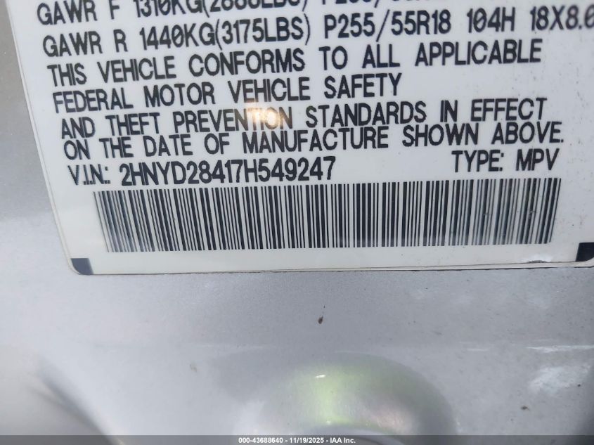 2007 Acura Mdx Technology Package VIN: 2HNYD28417H549247 Lot: 43688640