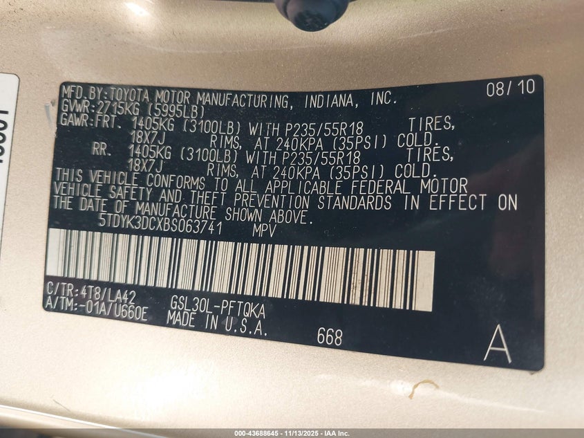 2011 Toyota Sienna Limited V6 VIN: 5TDYK3DCXBS063741 Lot: 43688645