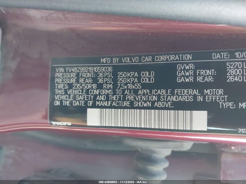 2009 Volvo Xc70 T6 VIN: YV4BZ992191059036 Lot: 43688653