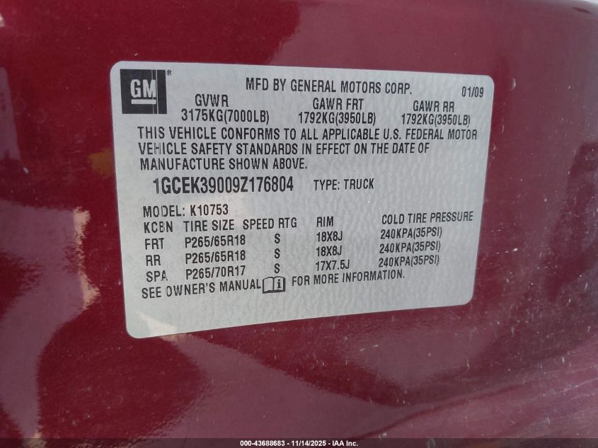 2009 Chevrolet Silverado 1500 Ltz VIN: 1GCEK39009Z176804 Lot: 43688683
