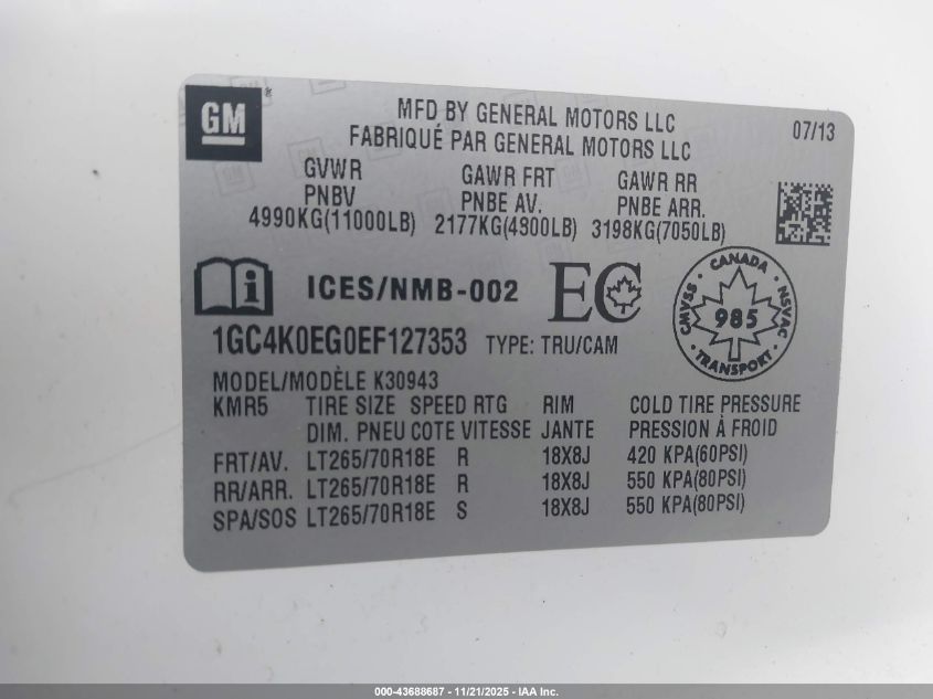 2014 Chevrolet Silverado 3500Hd Lt VIN: 1GC4K0EG0EF127353 Lot: 43688687