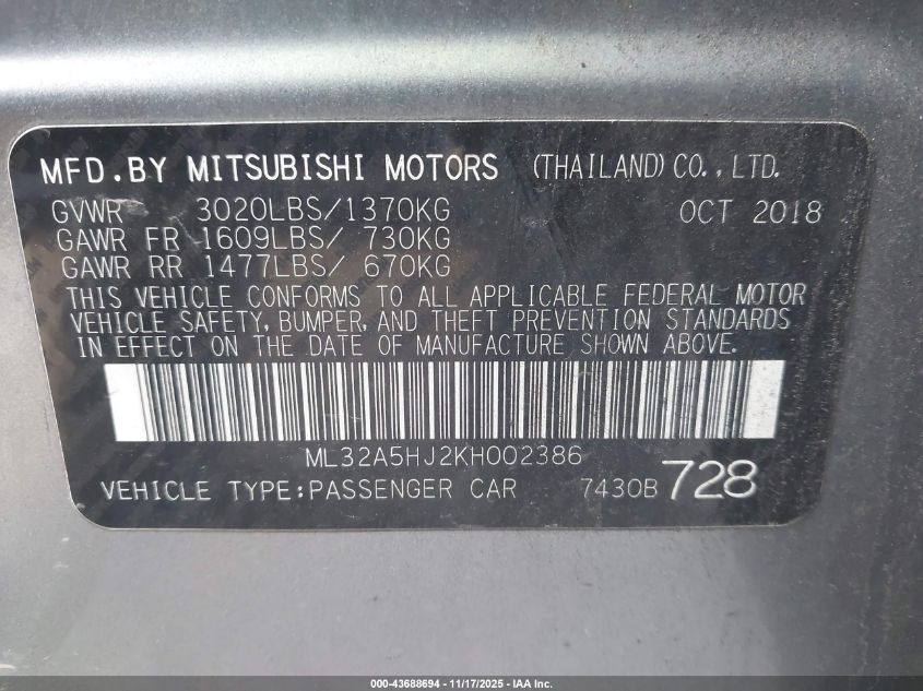 2019 Mitsubishi Mirage Le VIN: ML32A5HJ2KH002386 Lot: 43688694