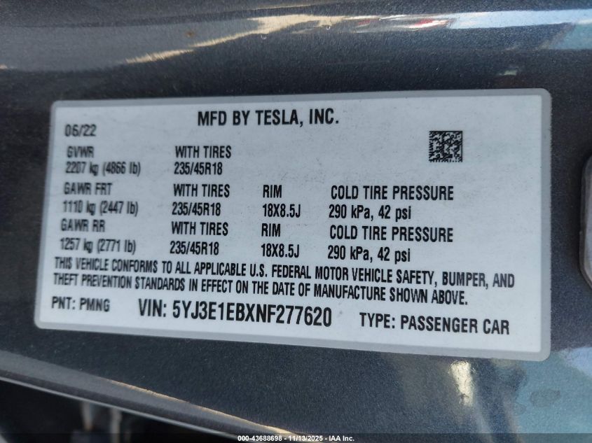 2022 Tesla Model 3 Long Range Dual Motor All-Wheel Drive VIN: 5YJ3E1EBXNF277620 Lot: 43688698