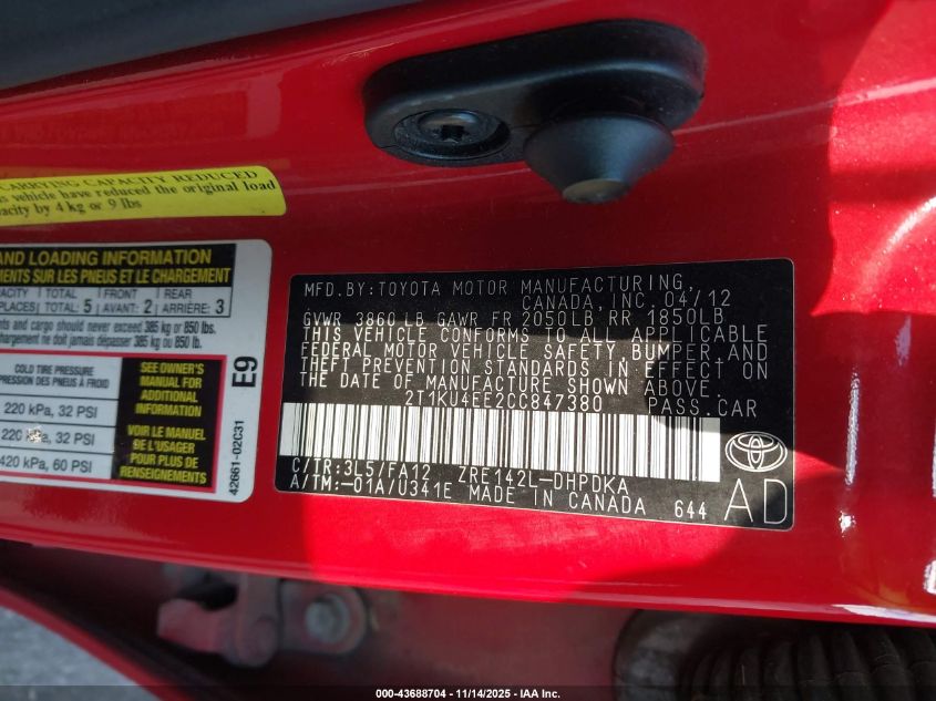 2012 Toyota Matrix L VIN: 2T1KU4EE2CC847380 Lot: 43688704