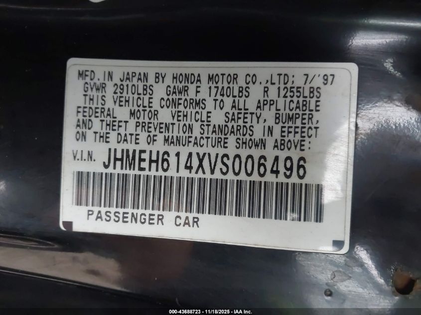 1997 Honda Del Sol S VIN: JHMEH614XVS00649X Lot: 43688723