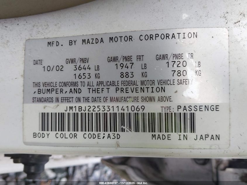 2003 Mazda Protege Dx/Es/Lx VIN: JM1BJ225331141069 Lot: 43688727