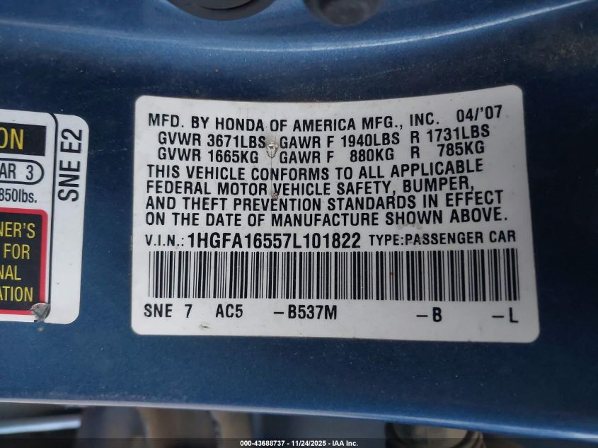 2007 Honda Civic Lx VIN: 1HGFA16557L101822 Lot: 43688737