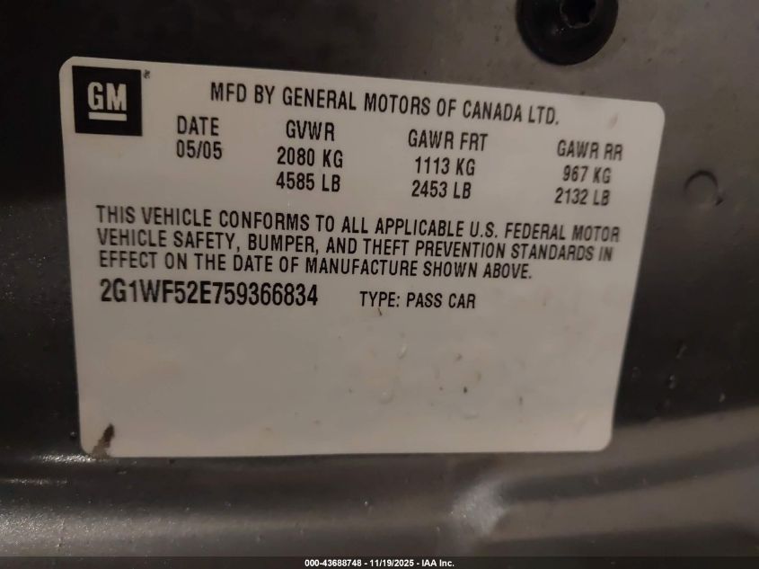 2005 Chevrolet Impala VIN: 2G1WF52E759366834 Lot: 43688748