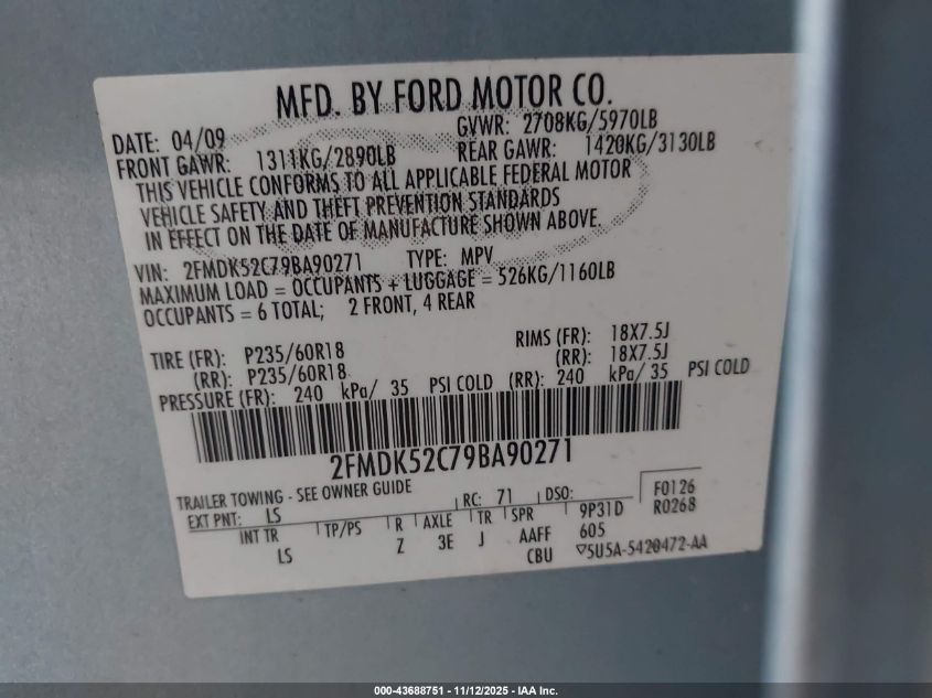 2009 Ford Flex Sel VIN: 2FMDK52C79BA90271 Lot: 43688751