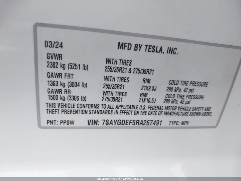 2024 Tesla Model Y Performance Dual Motor All-Wheel Drive VIN: 7SAYGDEF5RA267491 Lot: 43688755