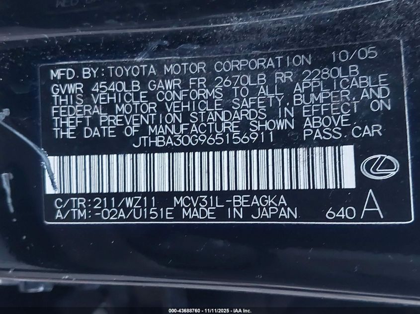 2006 Lexus Es 330 VIN: JTHBA30G965156911 Lot: 43688760