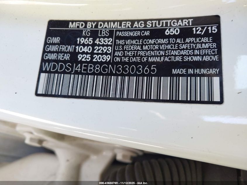 2016 Mercedes-Benz Cla 250 VIN: WDDSJ4EB8GN330365 Lot: 43688769