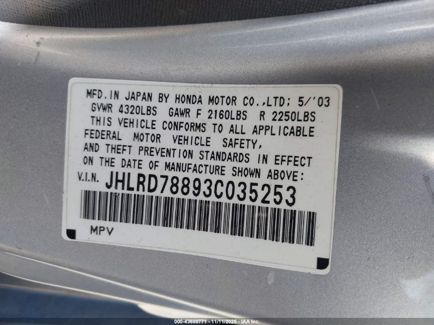 2003 Honda Cr-V Ex VIN: JHLRD78893C035253 Lot: 43688771
