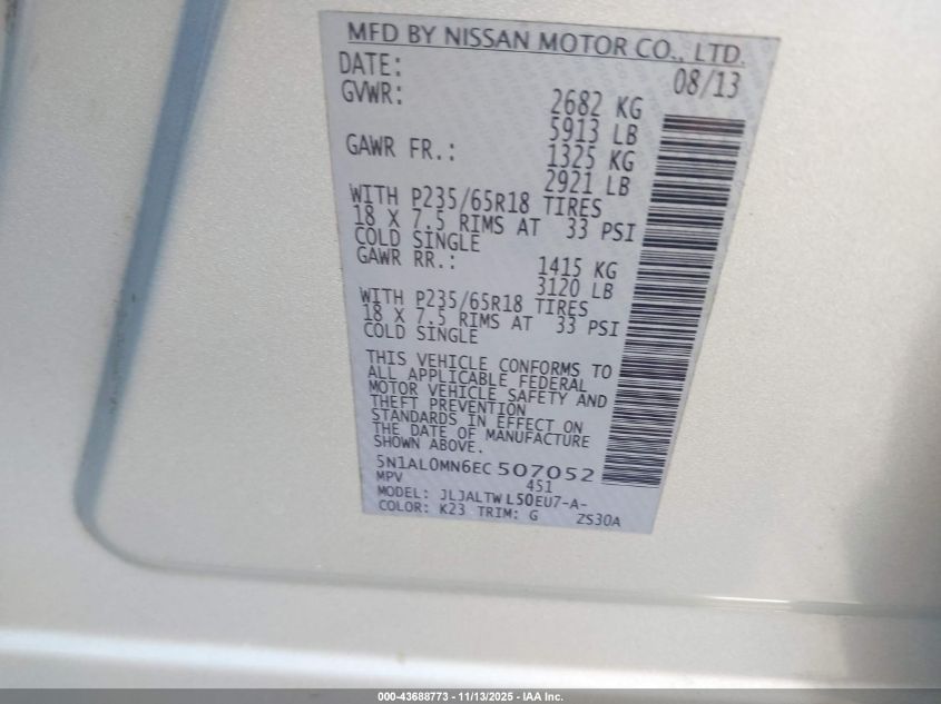 2014 Infiniti Qx60 VIN: 5N1AL0MN6EC507052 Lot: 43688773