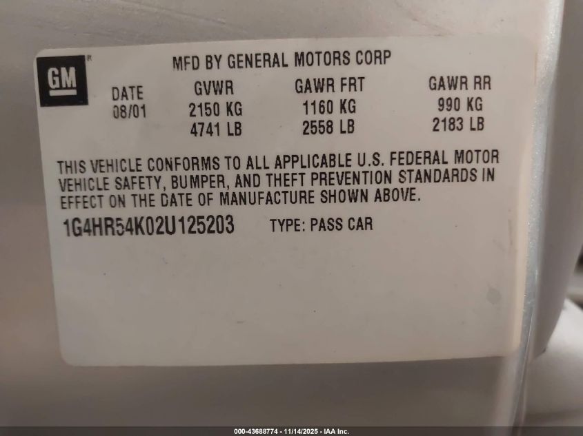 2002 Buick Lesabre Limited VIN: 1G4HR54K02U125203 Lot: 43688774