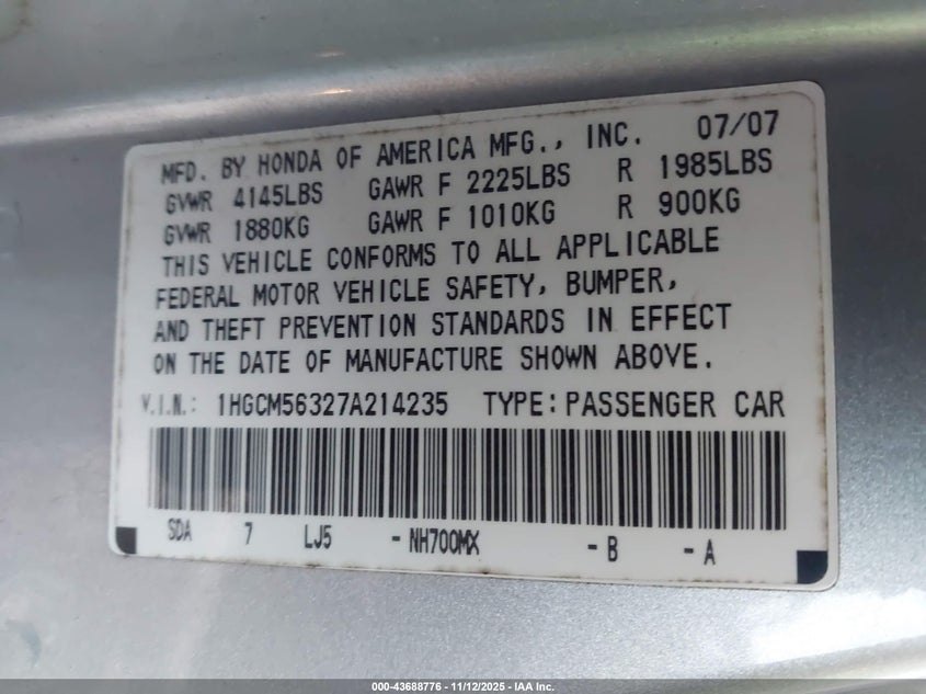 1HGCM56327A214235 2007 HONDA ACCORD photo no. 9