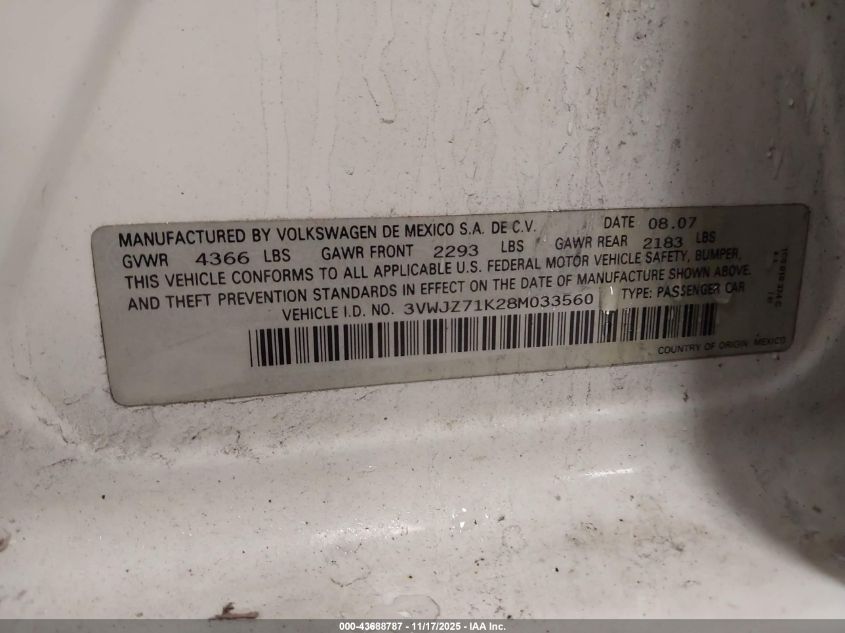 2008 Volkswagen Jetta S VIN: 3VWJZ71K28M033560 Lot: 43688787