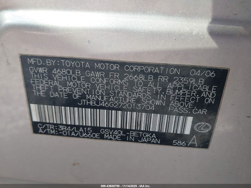 2007 Lexus Es 350 VIN: JTHBJ46G272013704 Lot: 43688798