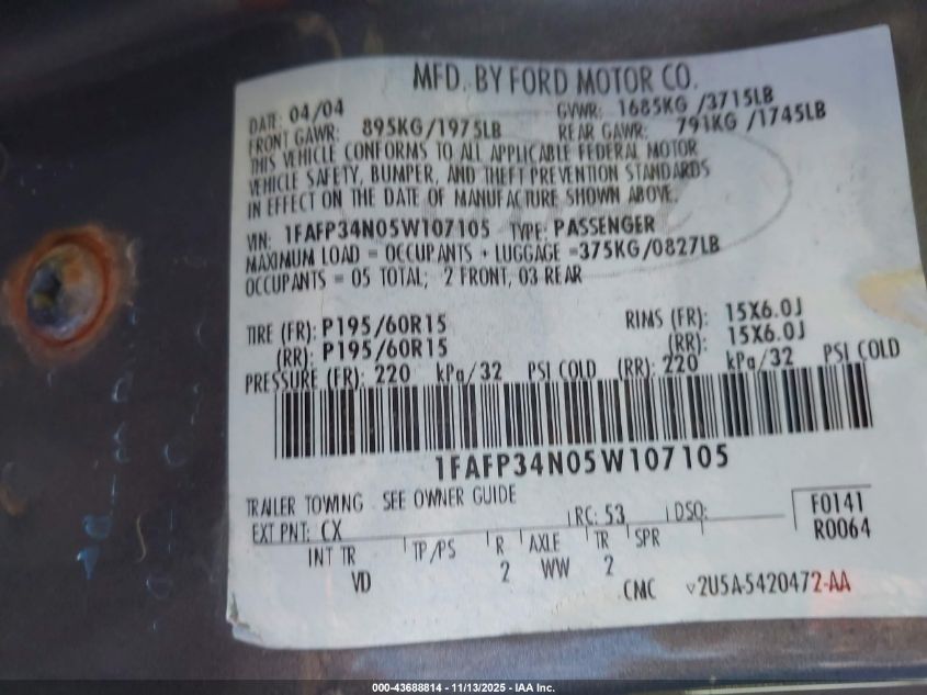 2005 Ford Focus Zx4 VIN: 1FAFP34N05W107105 Lot: 43688814