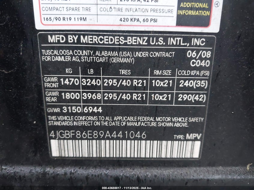 2009 Mercedes-Benz Gl 550 4Matic VIN: 4JGBF86E89A441046 Lot: 43688817