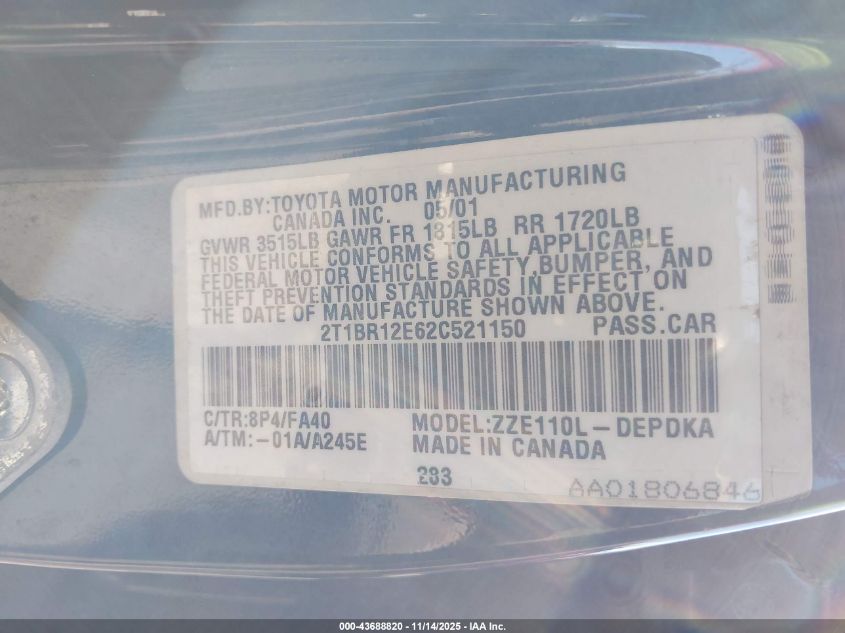 2002 Toyota Corolla Le VIN: 2T1BR12E62C521150 Lot: 43688820