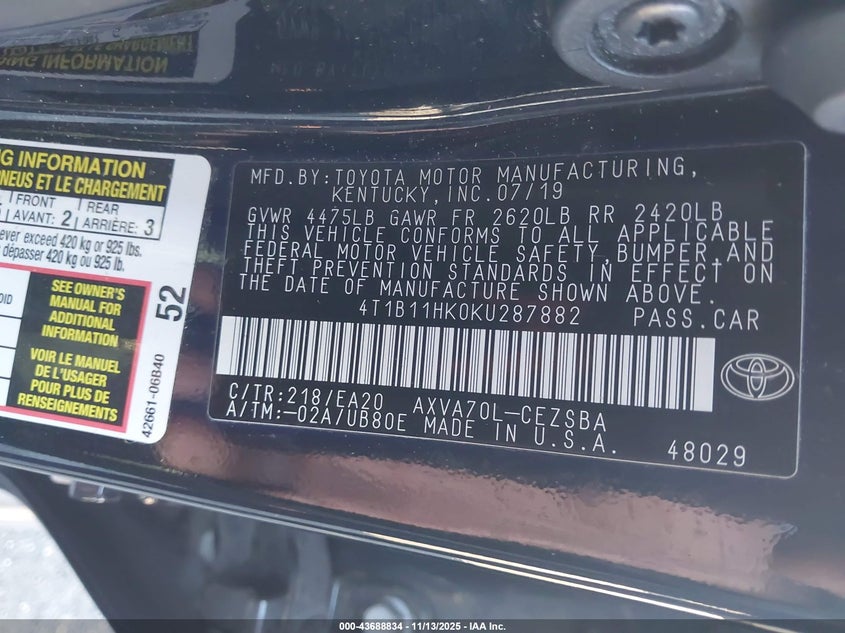 4T1B11HK0KU287882 2019 TOYOTA CAMRY photo no. 9