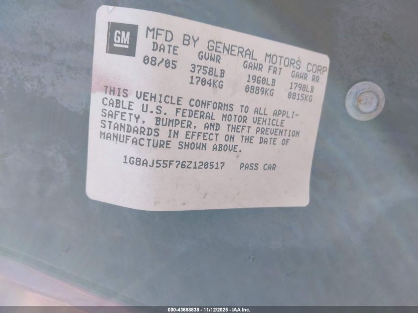 2006 Saturn Ion 2 VIN: 1G8AJ55F76Z120517 Lot: 43688838