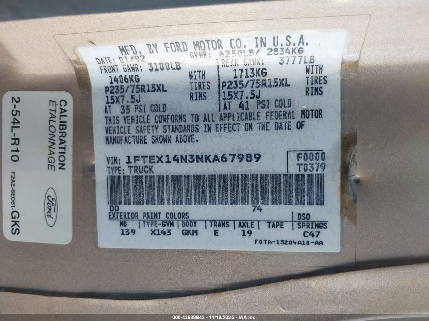 1992 Ford F150 VIN: 1FTEX14N3NKA67989 Lot: 43688842