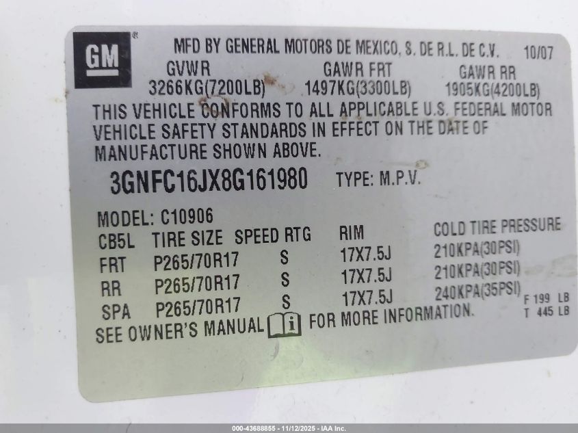 2008 Chevrolet Suburban 1500 Lt VIN: 3GNFC16JX8G161980 Lot: 43688855