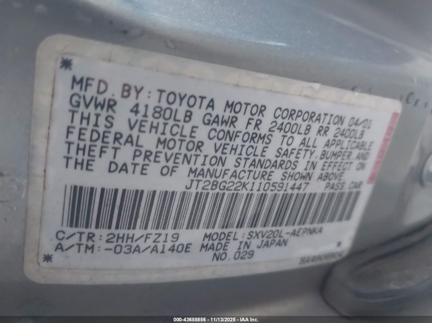 2001 Toyota Camry Le VIN: JT2BG22K110591447 Lot: 43688856