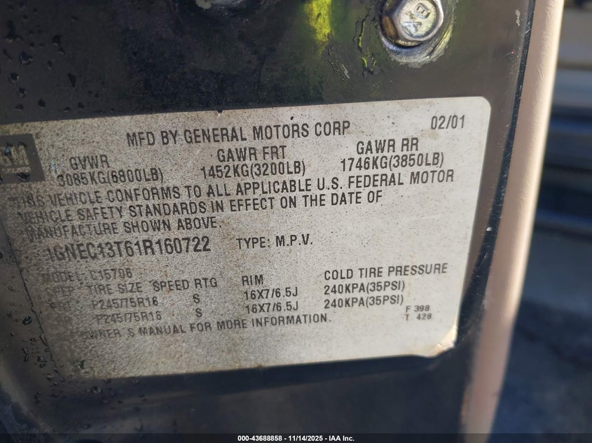 1GNEC13T61R160722 2001 CHEVROLET TAHOE photo no. 9